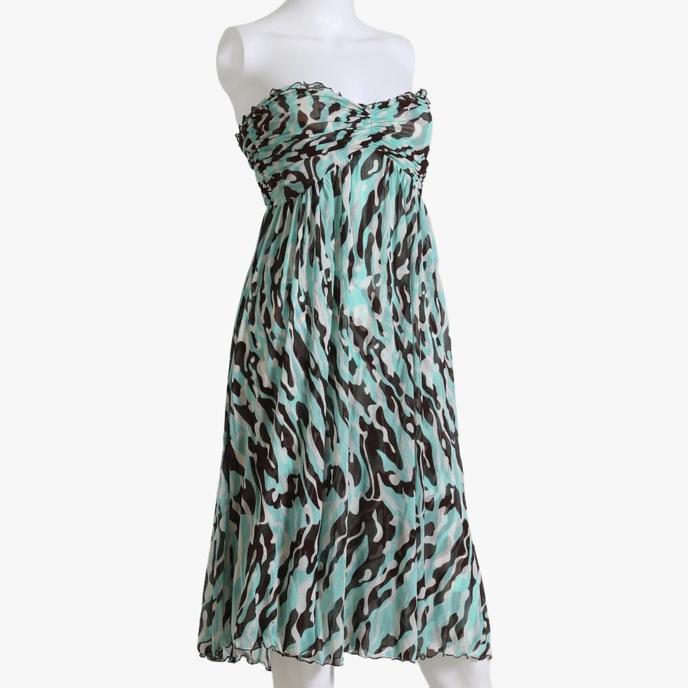 DIANE VON FURSTENBERG Blue Abstract Print Strapless Silk Knee Length Dress